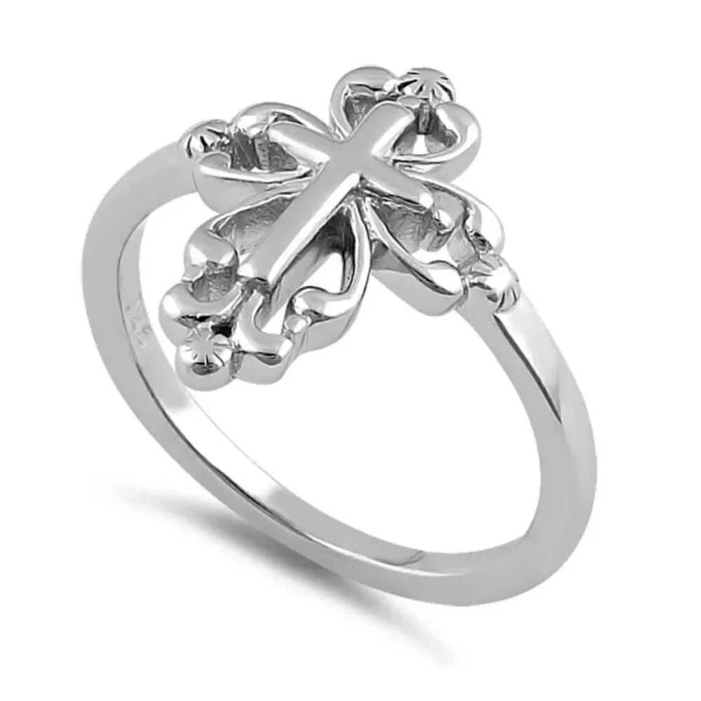 New Sterling Silver Ornate Scrollwork Cross Ring